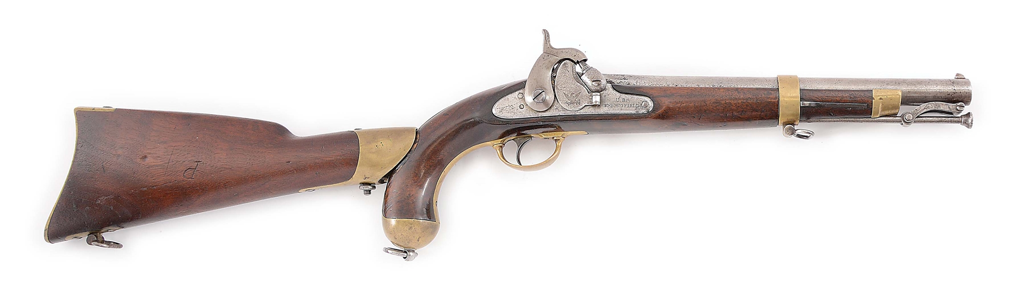 (A) A SPRINGFIELD MODEL 1855 SINGLE SHOT MARTIAL PISTOL WITH SHOULDER STOCK AND 12" RIFLED BARREL, DATED 1855. FURTHER STAMPED ON TOP FLAT SC FOR SOUTH CAROLINA, INDICATING POSSIBLE CONFEDERATE USE.