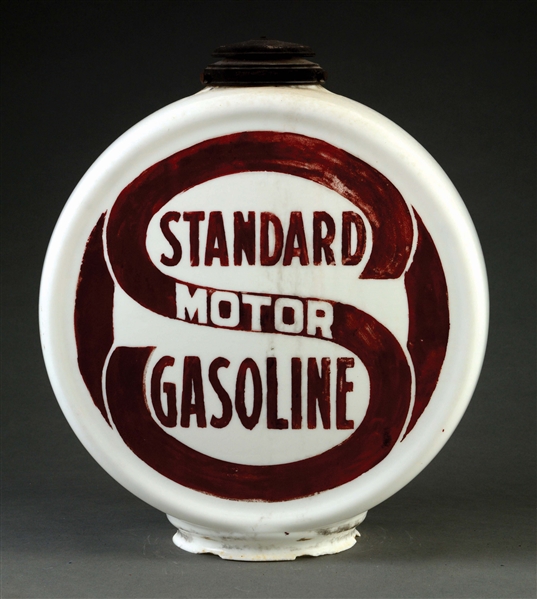 EXTREMELY RARE STANDARD MOTOR GASOLINE CHIMNEY CAP ONE PIECE ETCHED GLOBE.
