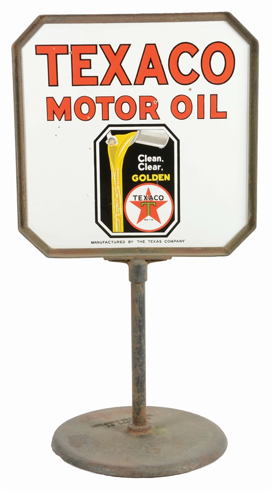 TEXACO MOTOR OIL PORCELAIN LOLLIPOP SIGN W/ POURING CAN GRAPHIC. 