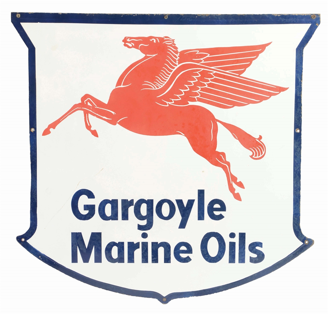 RARE GARGOYLE MARINE OILS PORCELAIN SIGN W/ PEGASUS GRAPHIC. 