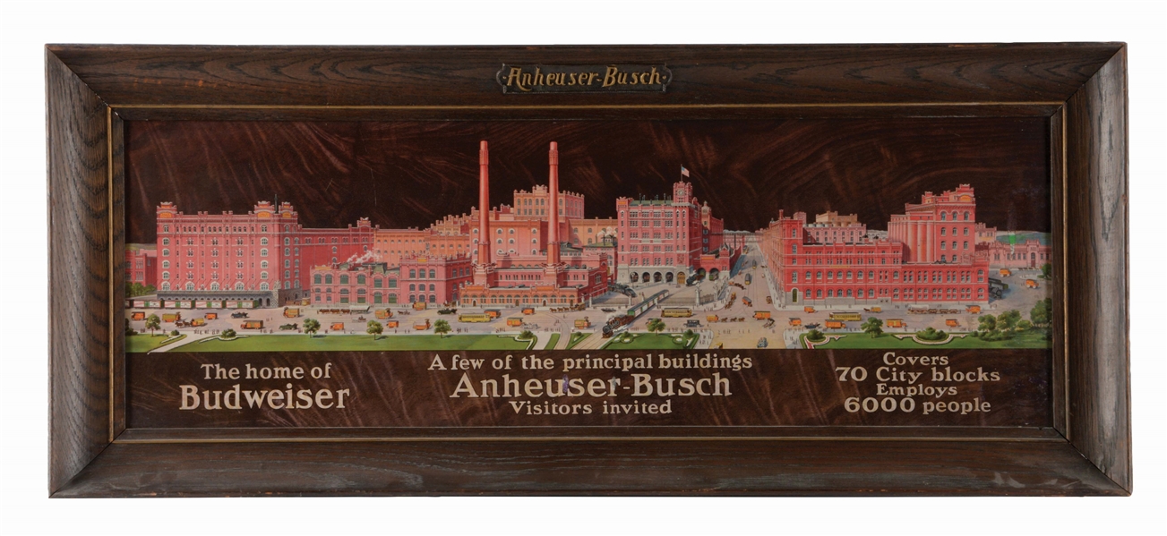 ANHEUSER-BUSCH FACTORY SCENE TIN-LITHO ADVERTISING SIGN.