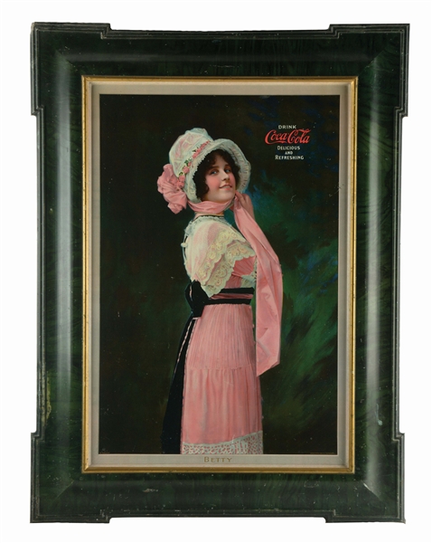 1914 SELF-FRAMED COCA-COLA "BETTY" TIN-LITHO ADVERTISING SIGN.