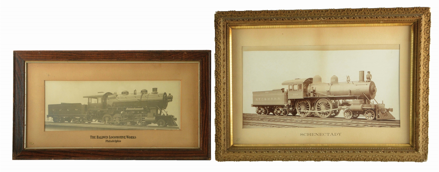 LOT OF 2: EARLY LOCOMOTIVE FRAMED PHOTOGRAPHS.