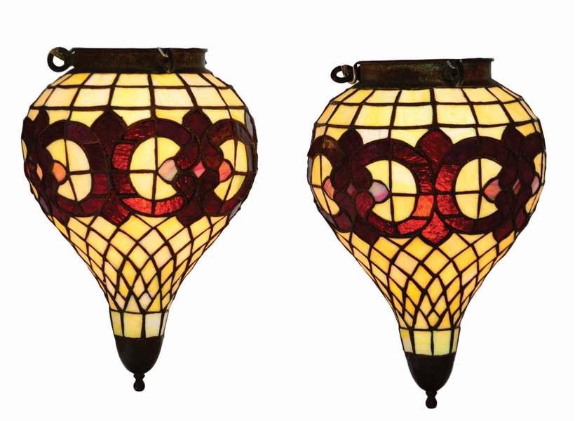 LOT OF 2: PAIR OF EARLY STAINED GLASS APOTHECARY HANGING SHOW GLOBES.