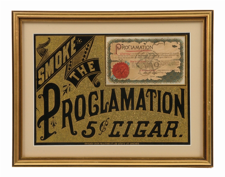 PROCLAMATION FIVE CENT CIGAR TIN LITHOGRAPHED ADVERTISING SIGN.
