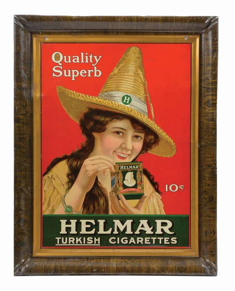 HELMAR TURKISH CIGARETTES SELF-FRAMED TIN-LITHO ADVERTISING SIGN.