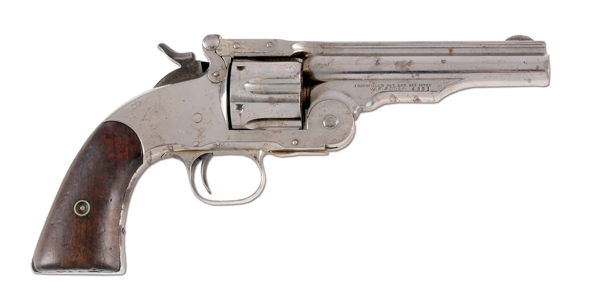 (A) WELLS FARGO MARKED US SMITH & WESSON NICKEL 2ND MODEL SCHOFIELD SINGLE ACTION REVOLVER.