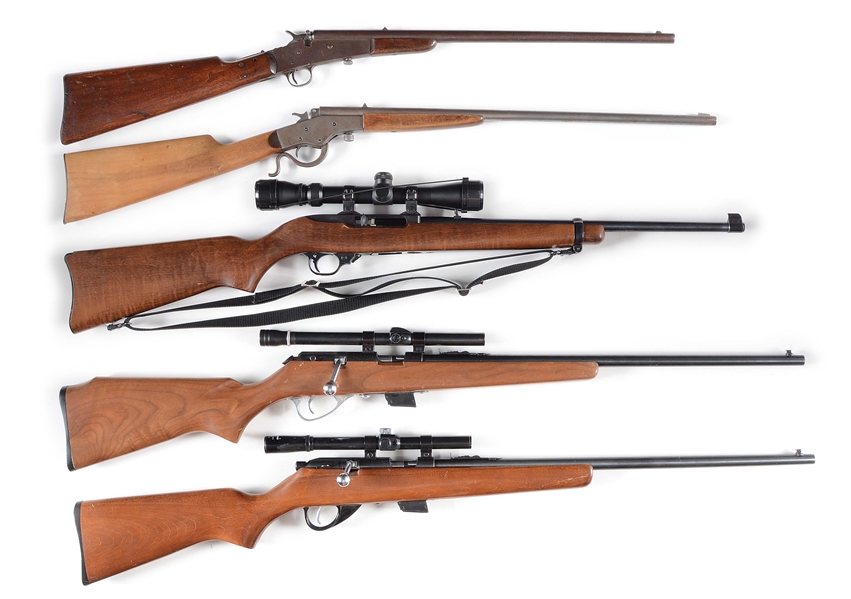 (C+M) LOT OF 5: SINGLE SHOT AND BOLT ACTION RIFLES, SOME WITH SCOPES, FROM REMINGTON, SAVAGE, RUGER, SEARS ROEBUCK, AND J.C. HIGGINS.