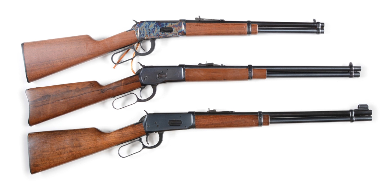 (C) LOT OF 3: WINCHESTER AND ROSSI LEVER ACTION CARBINES.