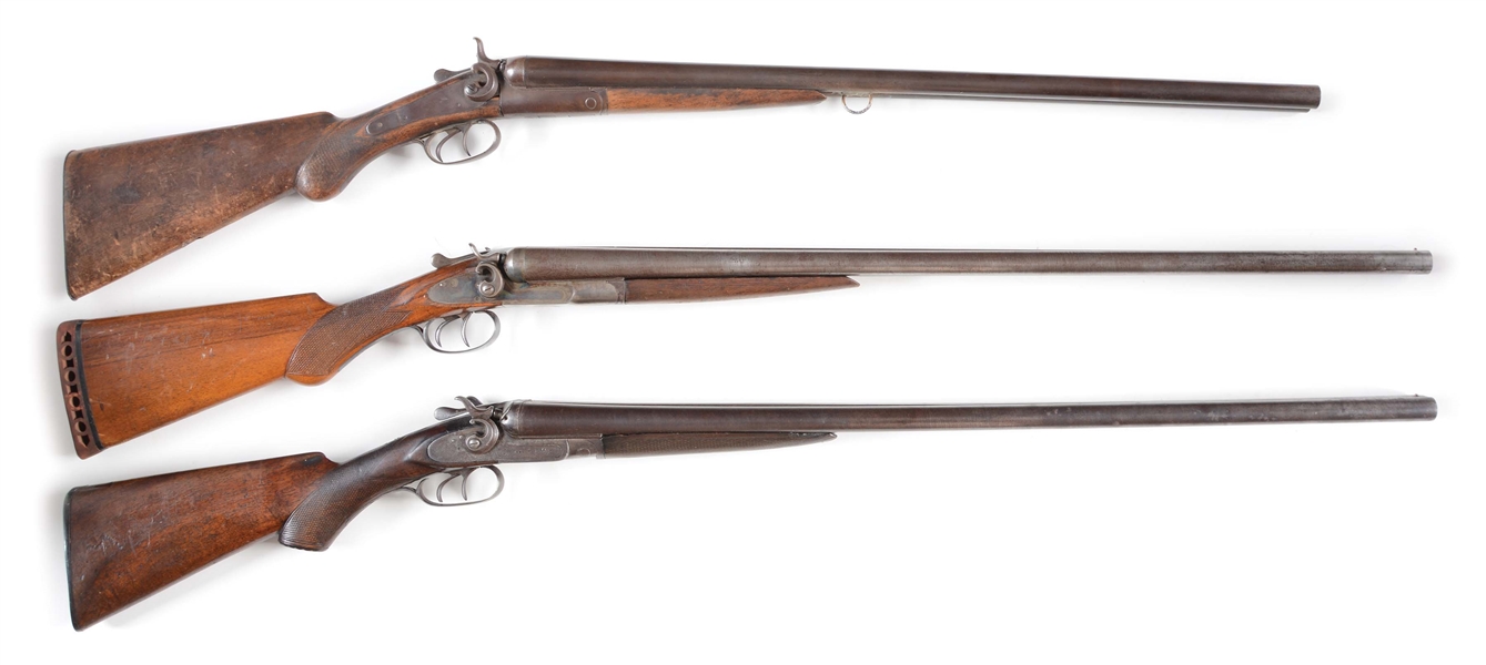 (A) LOT OF 3: OLD EXPOSED HAMMER DOUBLE BARREL SHOTGUNS.
