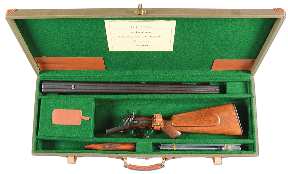 (A) E.C. GREEN SIDE BY SIDE HAMMER DOUBLE RIFLE WITH CASE.