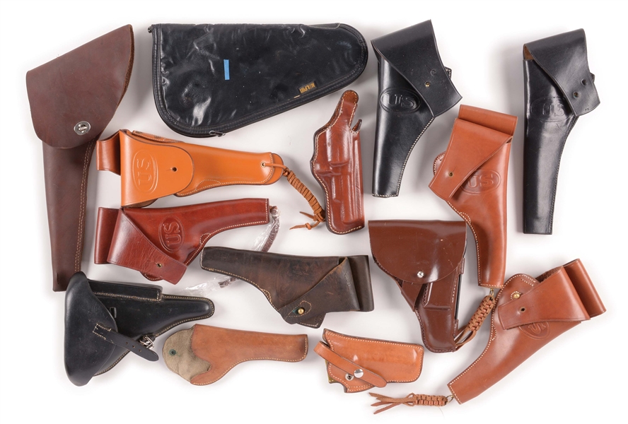 LOT OF 14: REPRODUCTION, MOSTLY MILITARY, HOLSTERS.
