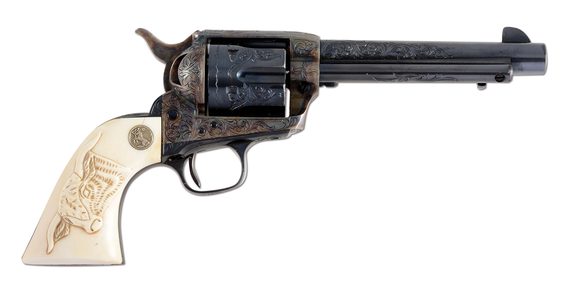 (C) SUPERLATIVE HIGH CONDITION FACTORY ENGRAVED COLT SINGLE ACTION ARMY WITH CARVED STEERHEAD IVORY GRIPS.