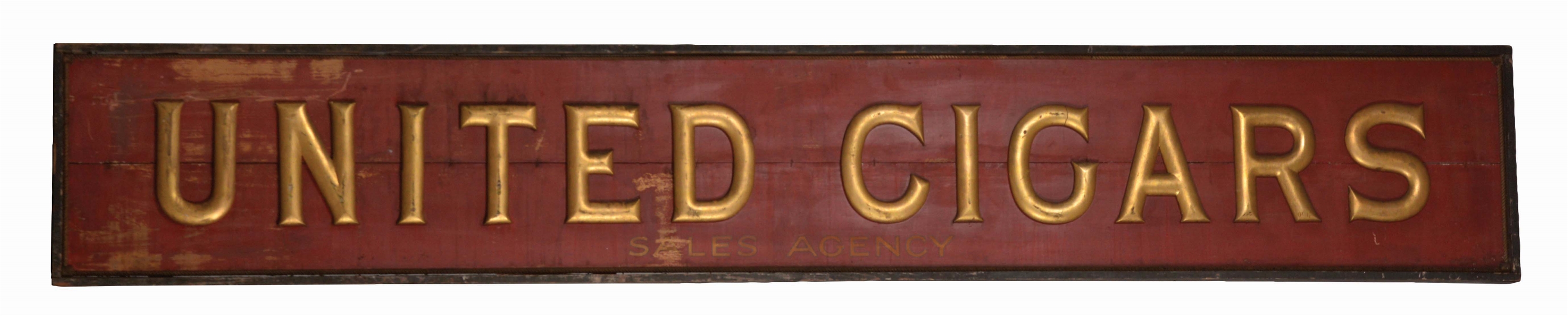 LARGE UNITED CIGARS SALES AGENCY WOODEN ADVERTISING TRADE SIGN.