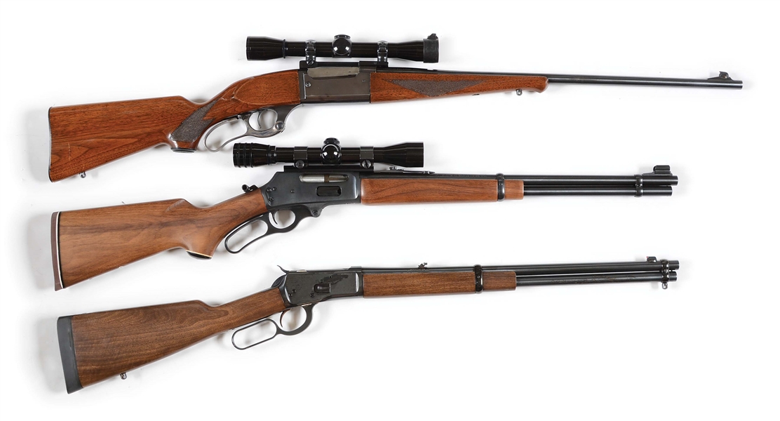 (M) LOT OF 3: SAVAGE 99 .300 SAVAGE WITH SCOPE, MARLIN 336CS .35 REMINGTON, AND BROWNING B97 .44 MAGNUM LEVER ACTION RIFLES.