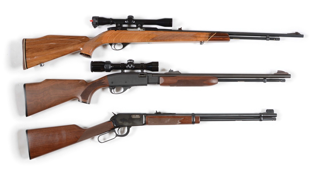 (M) LOT OF 3: WEATHERBY SEMI-AUTOMATIC, REMINGTON SLIDE ACTION, AND WINCHESTER LEVER ACTION .22 CALIBER RIFLES.