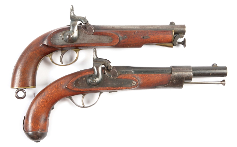 (A) LOT OF TWO: TWO SINGLE SHOT MILITARY STYLE PERCUSSION PISTOLS, ONE EAST INDIA COMPANY, THE OTHER A COMPOSITE WITH TOWER LOCK, BELGIAN BARREL.