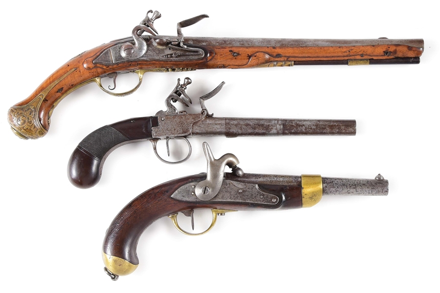 (A) COLLECTORS LOT OF THREE PISTOLS: TWO FLINTLOCK AND ONE PERCUSSION PISTOL, AN 1822 T-BIS BY ST. ETIENNE.