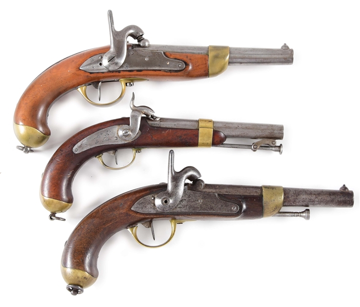 (A) LOT OF THREE: THREE FRENCH PERCUSSION PISTOLS, ONE MODEL 1837 MARINE PISTOL AND TWO MODEL 1822 T-BIS PISTOLS.
