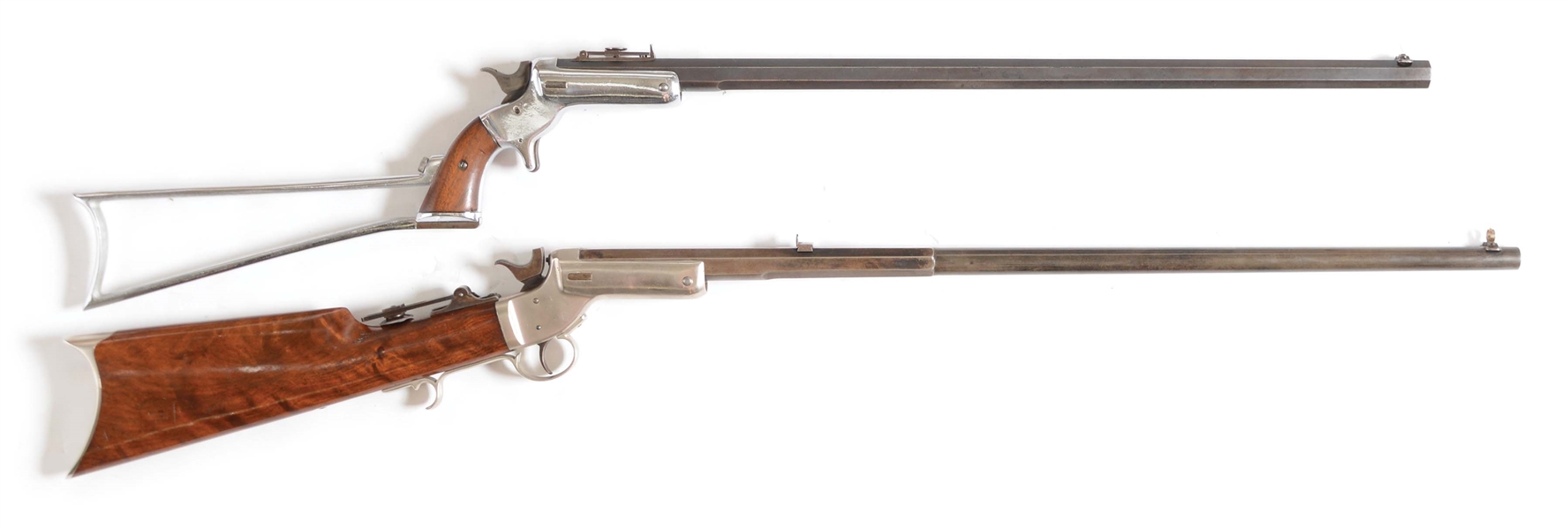 (A) LOT OF TWO: TWO ANTIQUE STEVENS TIP-UP SINGLE SHOT RIFLES. 