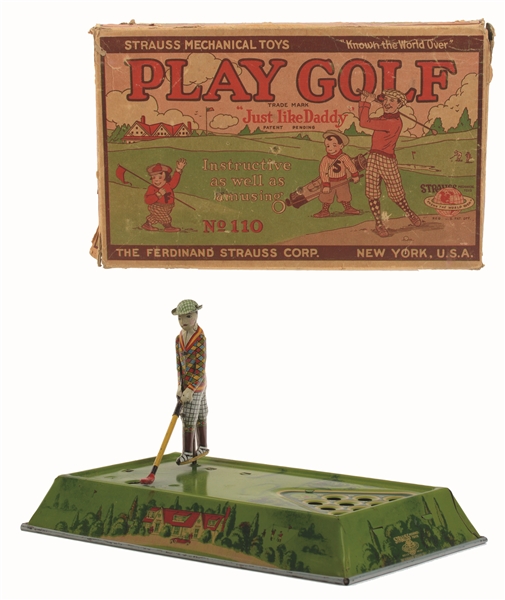 STRAUSS TIN-LITHO WIND-UP PLAY GOLF TOY.