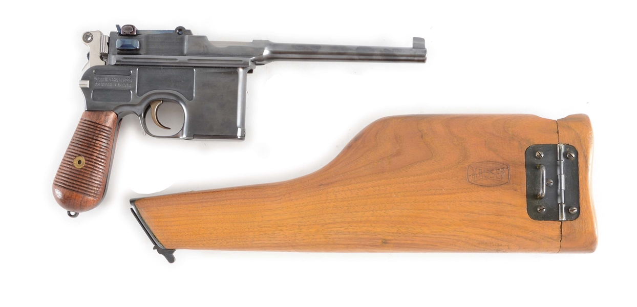 (C) MAUSER C96 BROOMHANDLE PISTOL WITH STOCK AND ADDED ETHIOPIAN MARKINGS.
