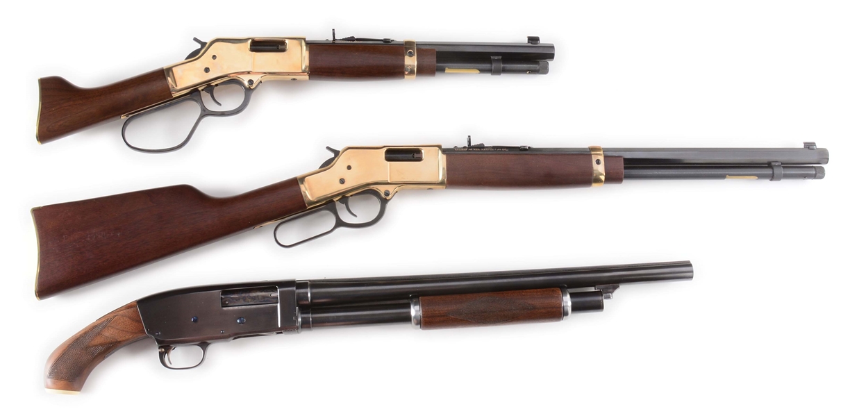 (M) LOT OF THREE: HENRY ARMS MARES LEG AND .44 MAGNUM "BIG BOY" LEVER ACTION RIFLES, TOGETHER WITH A CUT DOWN STEVENS 620 SLIDE ACTION SHOTGUN..