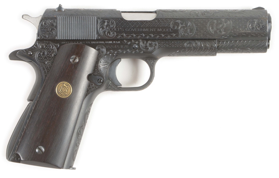 (M) FACTORY ENGRAVED COLT GOVERNMENT MKIV SERIES 70 .45 ACP SEMI-AUTOMATIC PISTOL WITH DOCUMENTATION.