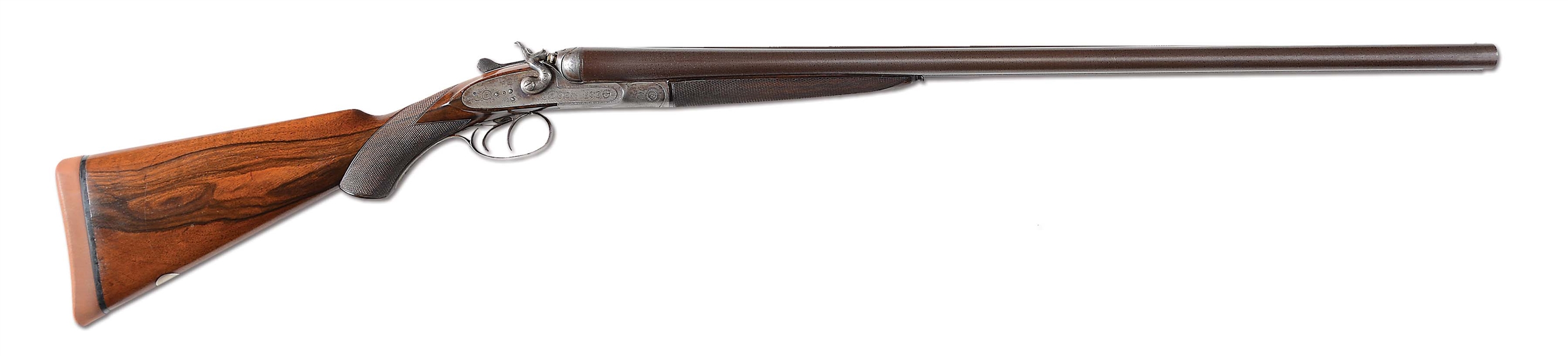 (A) BELGIAN NIMROD GUN SIDE BY SIDE HAMMER SHOTGUN.