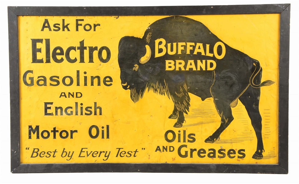 EXTREMELY RARE BUFFALO BRAND GASOLINE OILS & GREASE EMBOSSED TIN SIGN W/ WOOD FRAME. 
