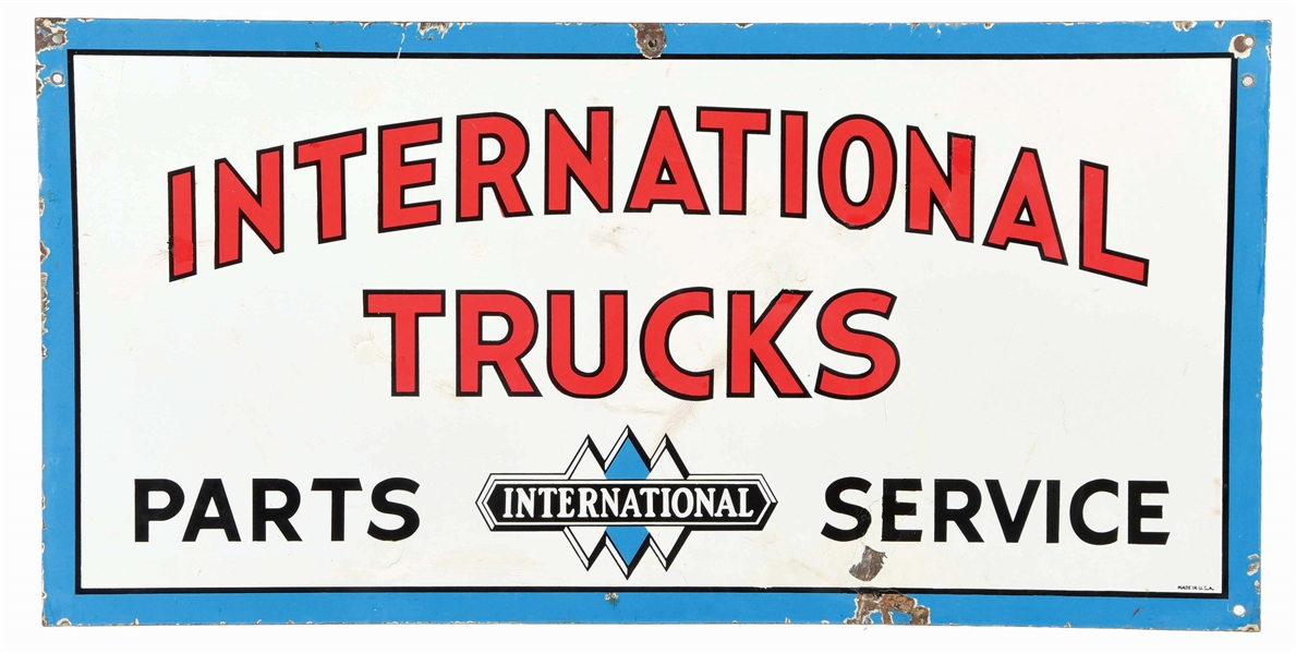INTERNATIONAL TRUCKS PARTS & SERVICE PORCELAIN SIGN.