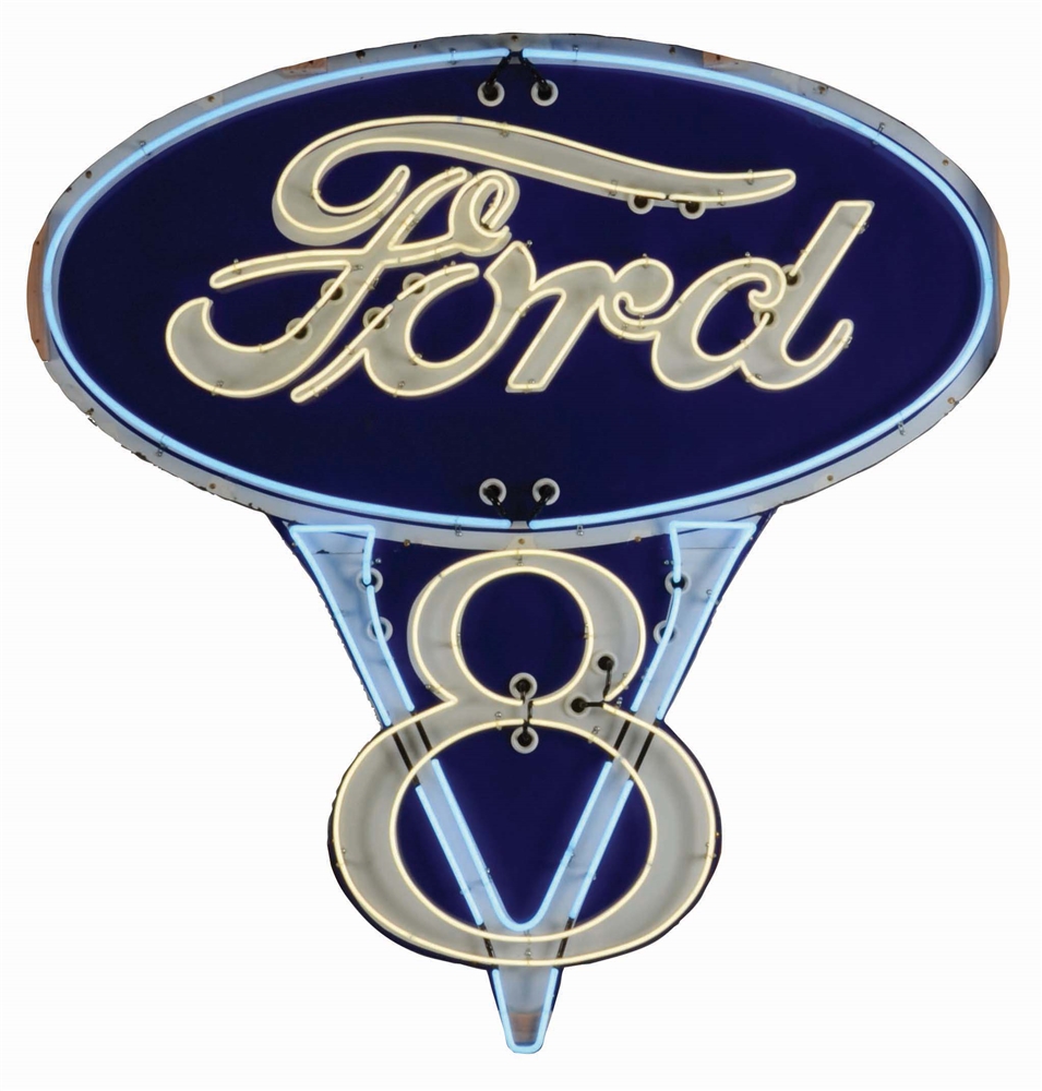 OUTSTANDING FORD V8 PORCELAIN SIGN W/ ADDED NEON. 