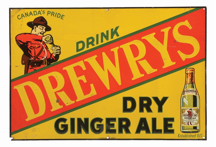 DREWRYS GINGER ALE EMBOSSED TIN ADVERTISING SIGN.
