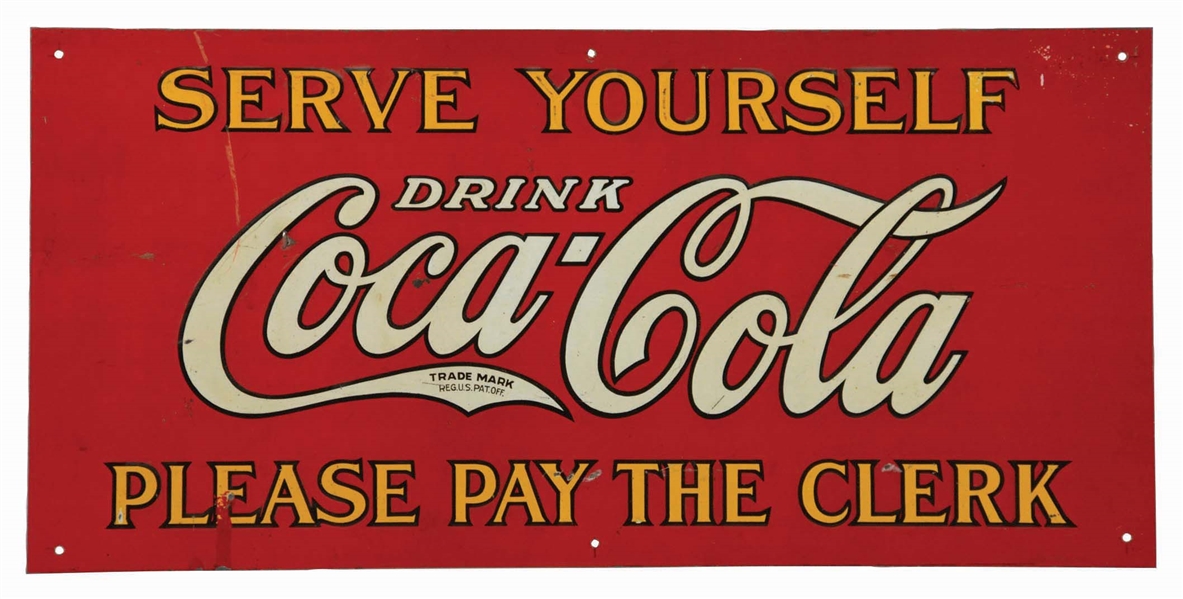 1930S EMBOSSED TIN COCA-COLA COOLER ADVERTISING SIGN.