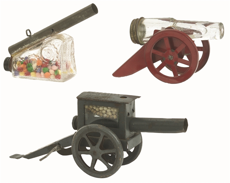 LOT OF 3: CANNON CANDY CONTAINERS.