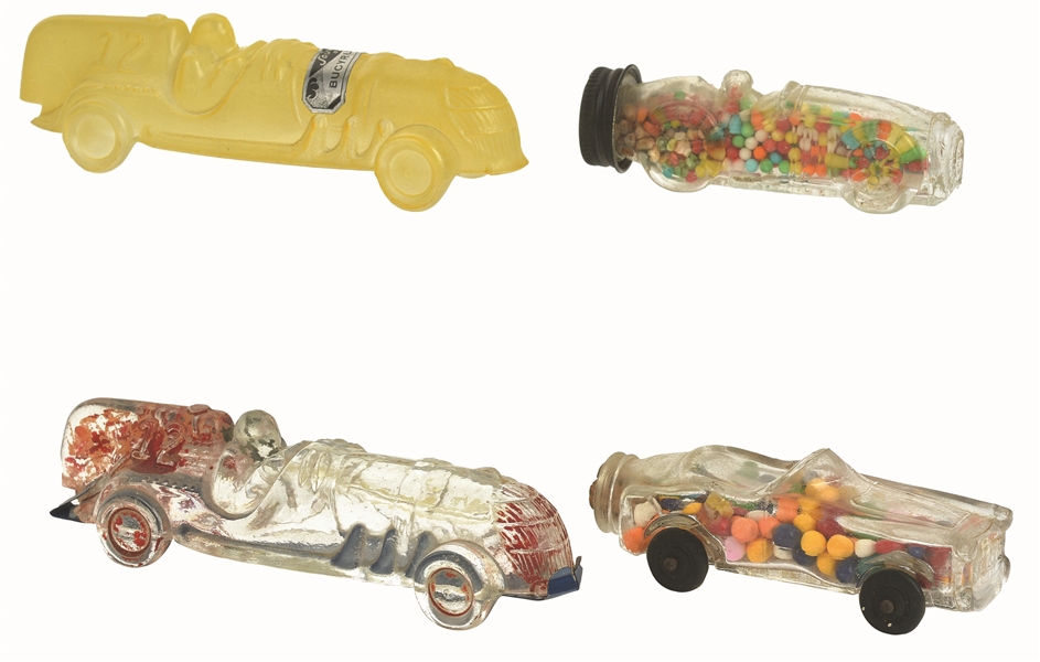 LOT OF 4: RACECAR CANDY CONTAINERS.