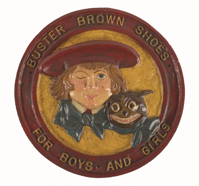 CAST-IRON BUSTER BROWN SHOES ADVERTISING SIGN. 