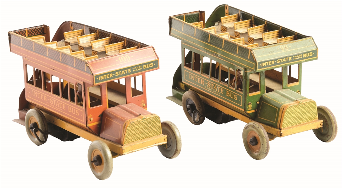 LOT OF 2: STRAUSS TIN-LITHO WIND-UP INTERSTATE BUS TOYS.