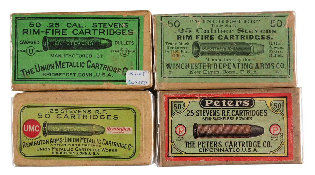 LOT OF FOUR: FOUR BOXES OF .25 STEVENS LONG RIMFIRE CXARTRIDGES.