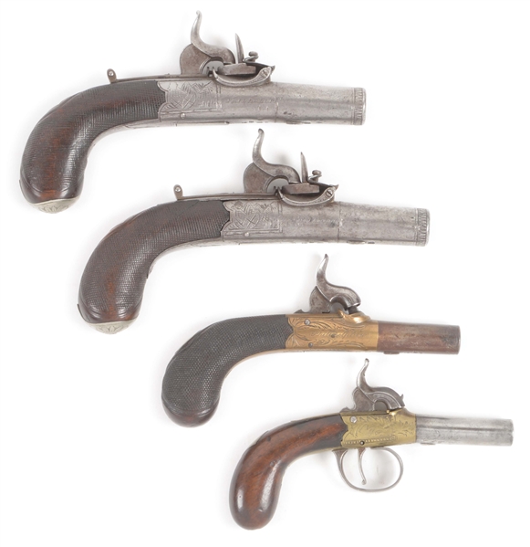 (A) LOT OF FOUR: FOUR TRYON SINGLE SHOT PERCUSSION BOOT PISTOLS, ONE PAIR..