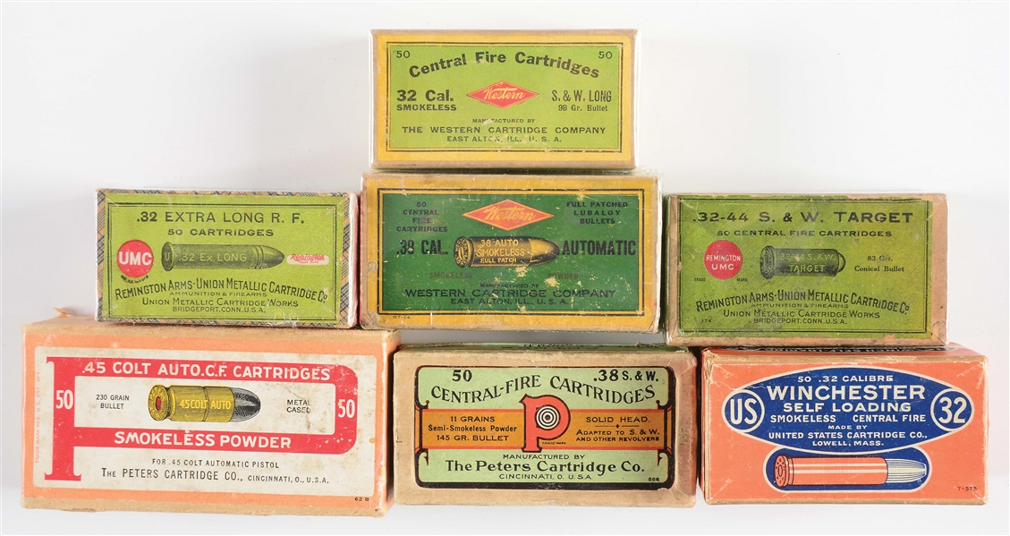 LOT OF SEVEN: SEVEN COLLECTIBLE BOXES OF AMMUNITION.