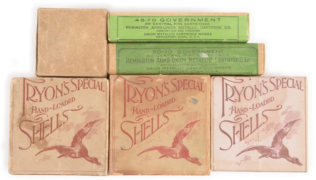 LOT OF SIX: SIX EARLY BOXES OF AMMUNITION, TWO STILL SEALED.