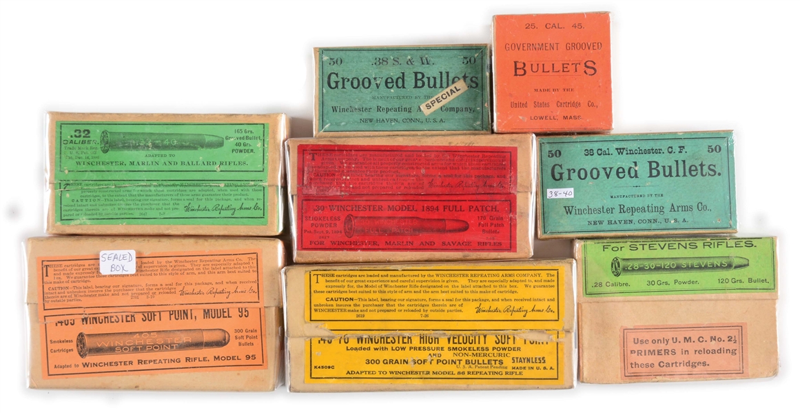 LOT OF EIGHT: EIGHT BOXES OF COLLECTIBLE AMMO AND BULLETS.