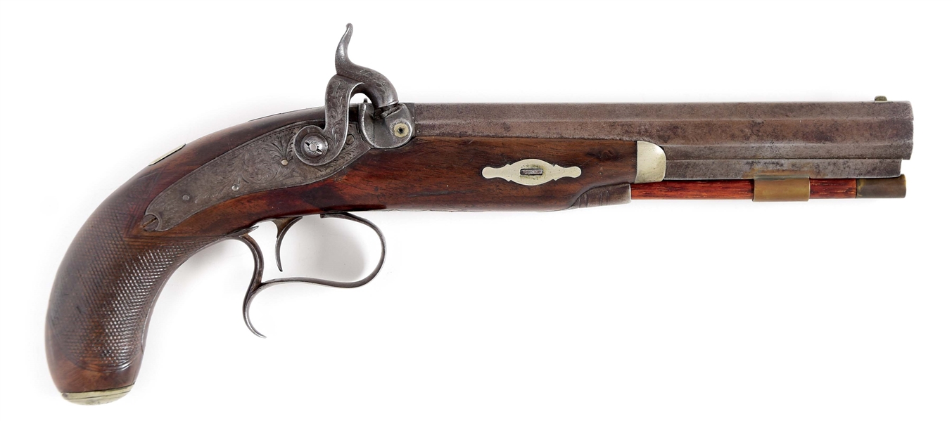 (A) LARGE DERINGER STYLE AMERICAN PERCUSSION PISTOL, SIGNED IN GOLD ON THE BARREL TRYON AMERICAN CO. 1832-1838. 