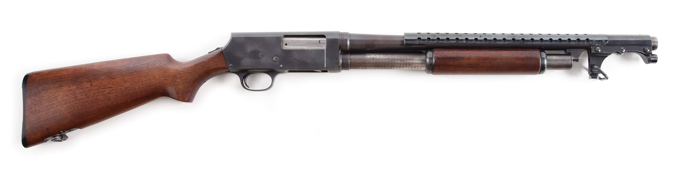 (C) STEVENS MODEL 520-30 SLIDE ACTION TRENCH GUN.