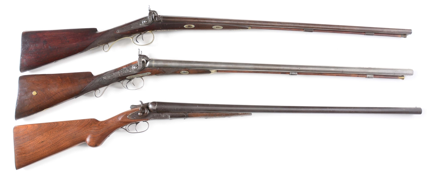 (A) LOT OF THREE: THREE PERCUSSION SIDE BY SIDE SHOTGUNS, TWO TRYON AND ONE REMINGTON.