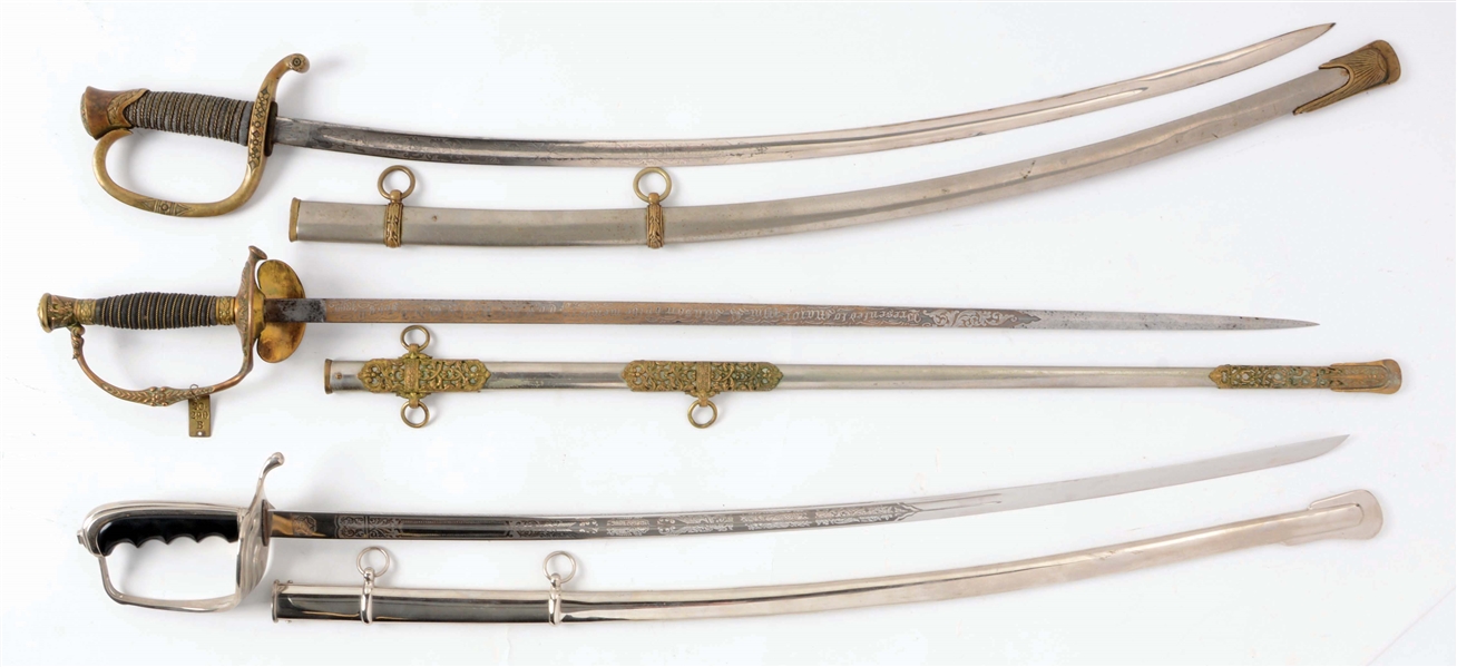LOT OF 3: MOUNTED ARTILLERY OFFICER, STAFF AND FIELD OFFICER, AND OFFICERS SABERS.