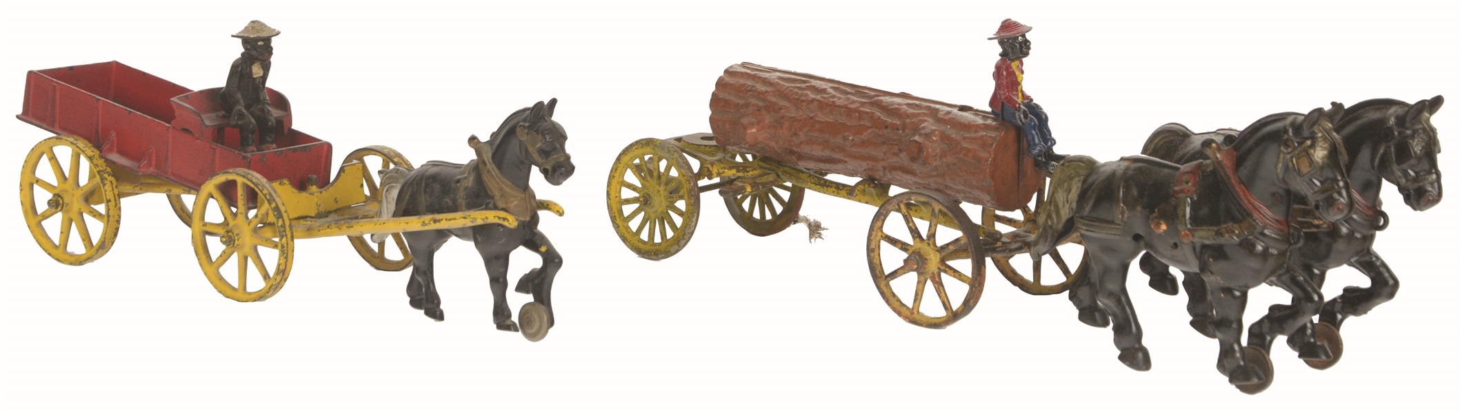 LOT OF 2: CAST-IRON AMERICAN MADE HORSE-DRAWN WAGON TOYS.