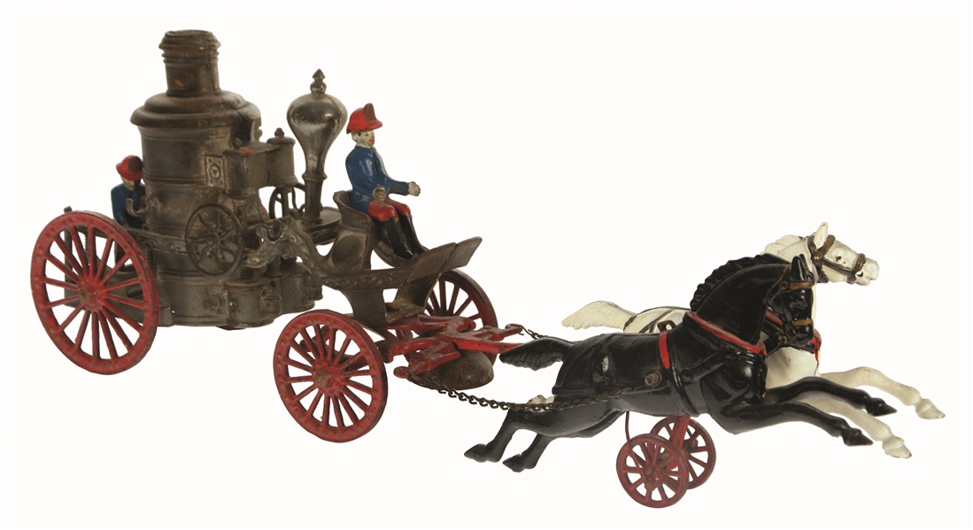 CAST-IRON AMERICAN MADE HORSE-DRAWN FIRE PUMPER TOY.