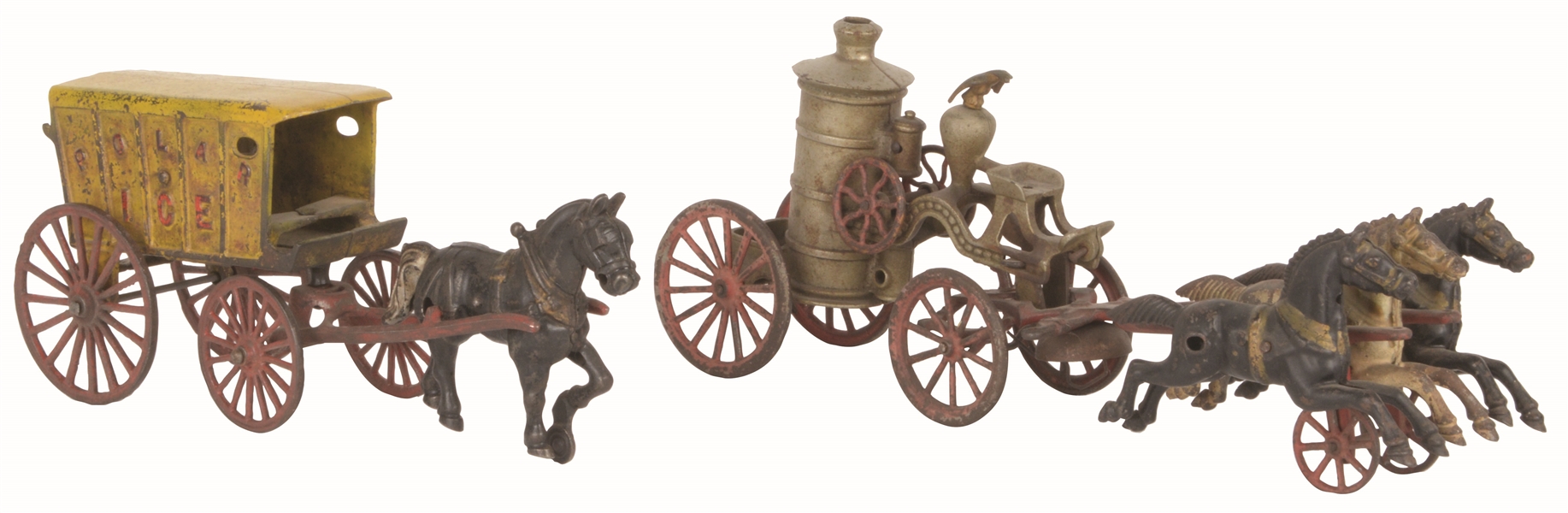 LOT OF 2: CAST-IRON AMERICAN MADE HORSE-DRAWN TOYS.